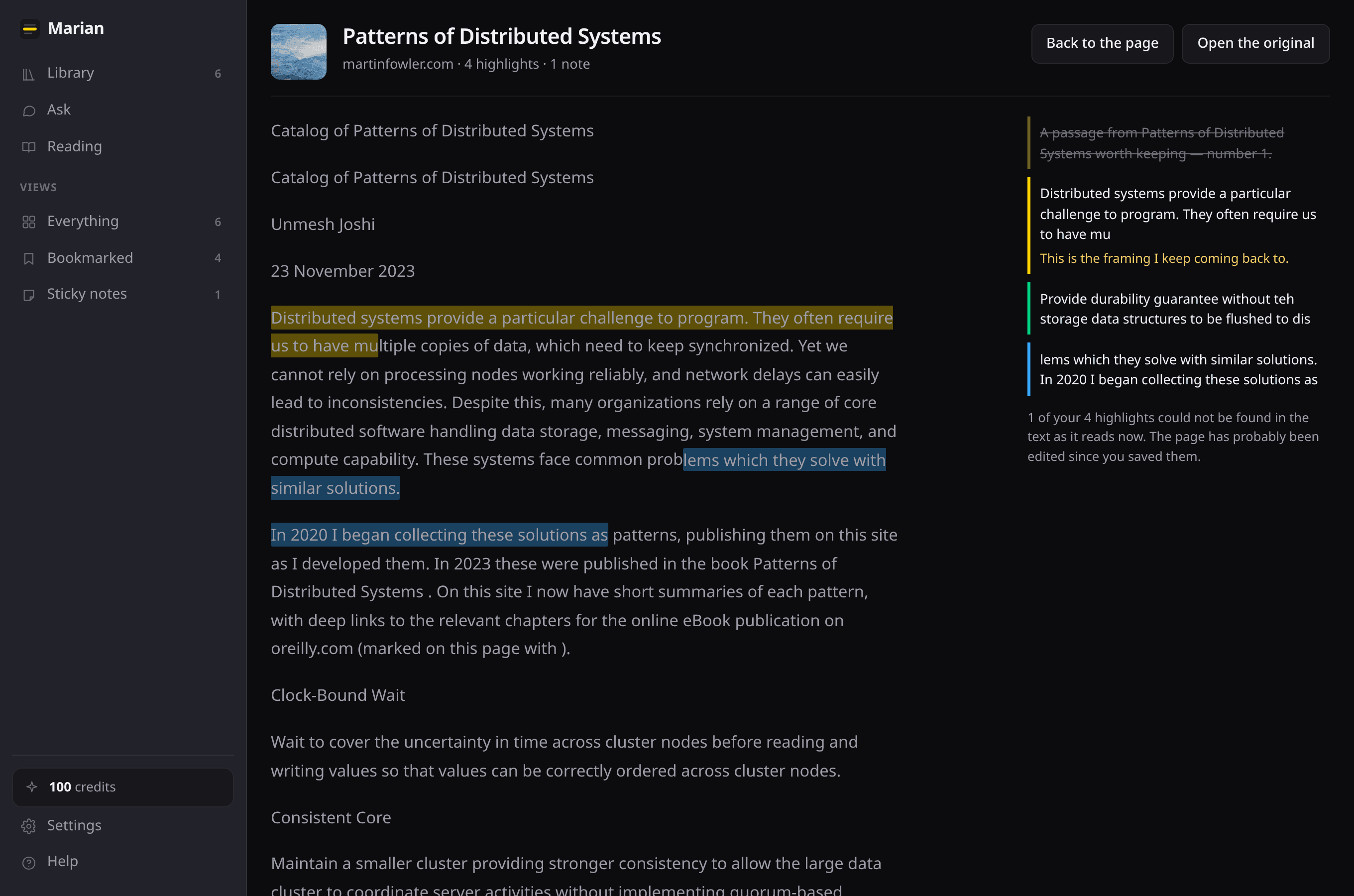 A saved article open in Marian with its highlights marked in the text